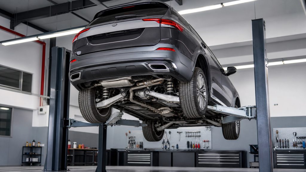 Vehicle drivetrain and suspension being checked on an inspection lift in China