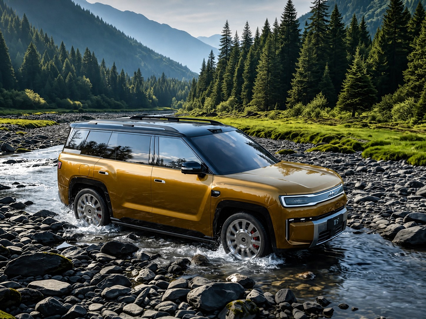Gold Fangchengbao Tai 9 driving through a shallow rocky stream