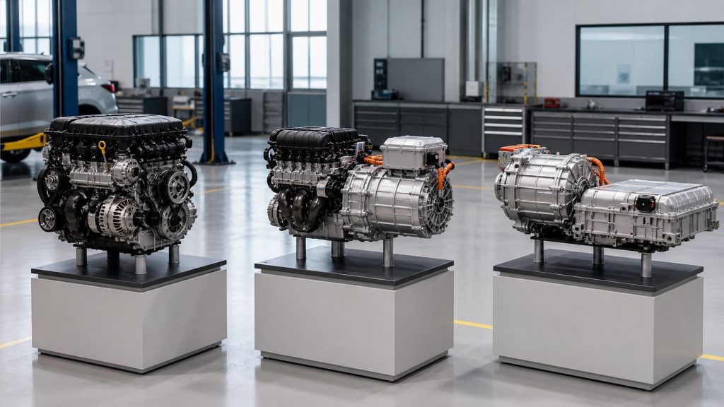 Combustion engine, hybrid battery and electric drive unit compared for vehicle sourcing