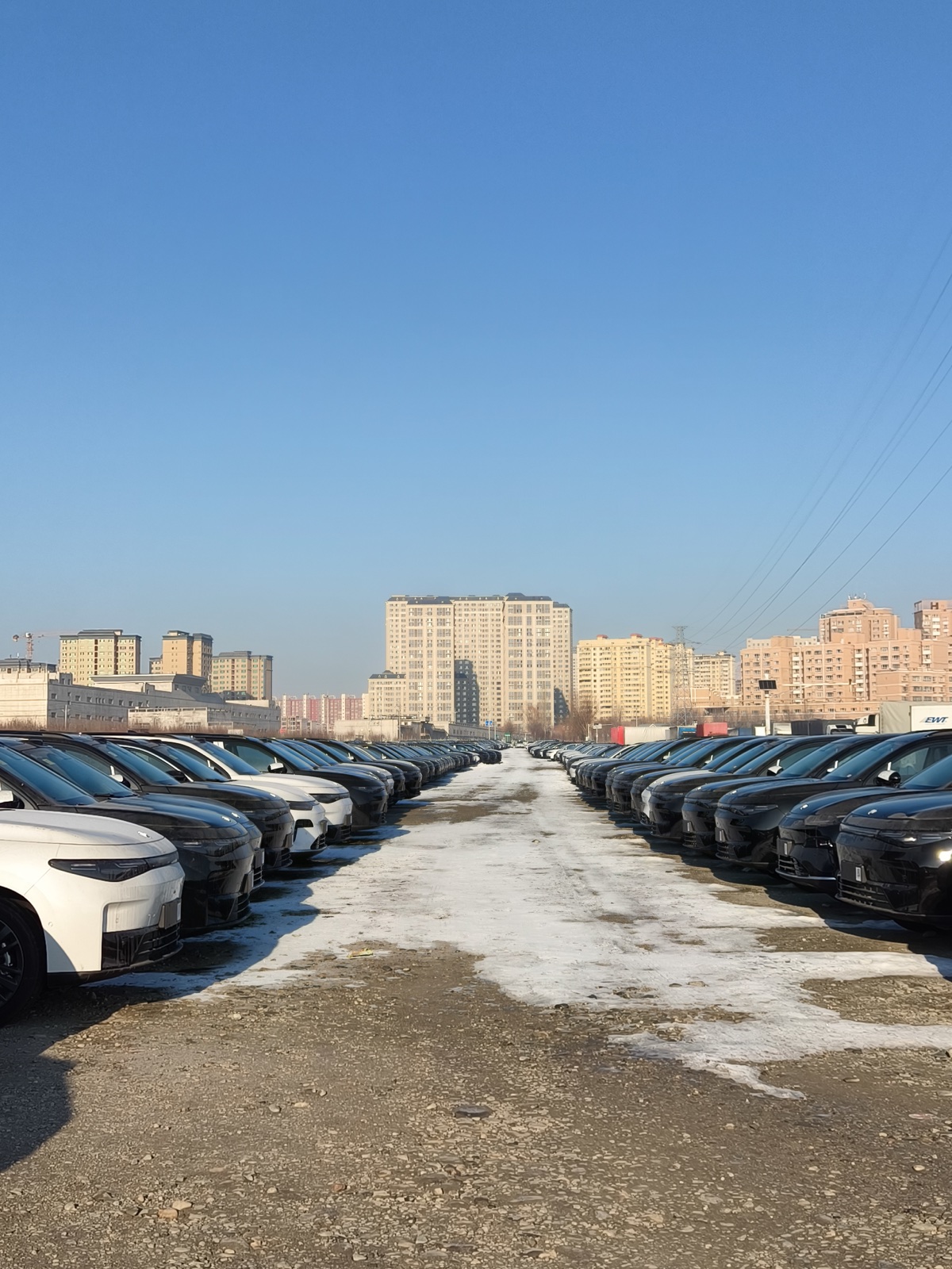 Rows of Changan vehicles at a snowy supplier yard in Horgos
