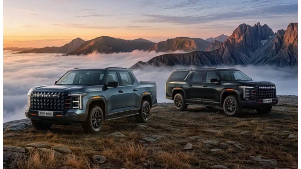 Two 2027 Maxus Xingji X pickup variants in a mountain landscape