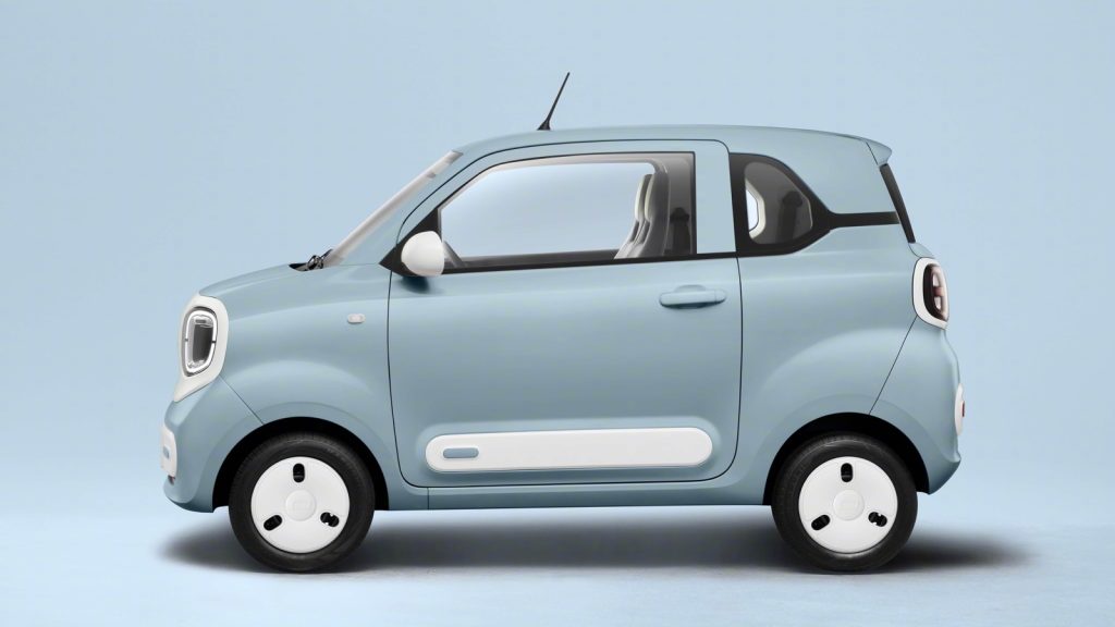 Light blue Bestune Pony micro electric car shown in side profile