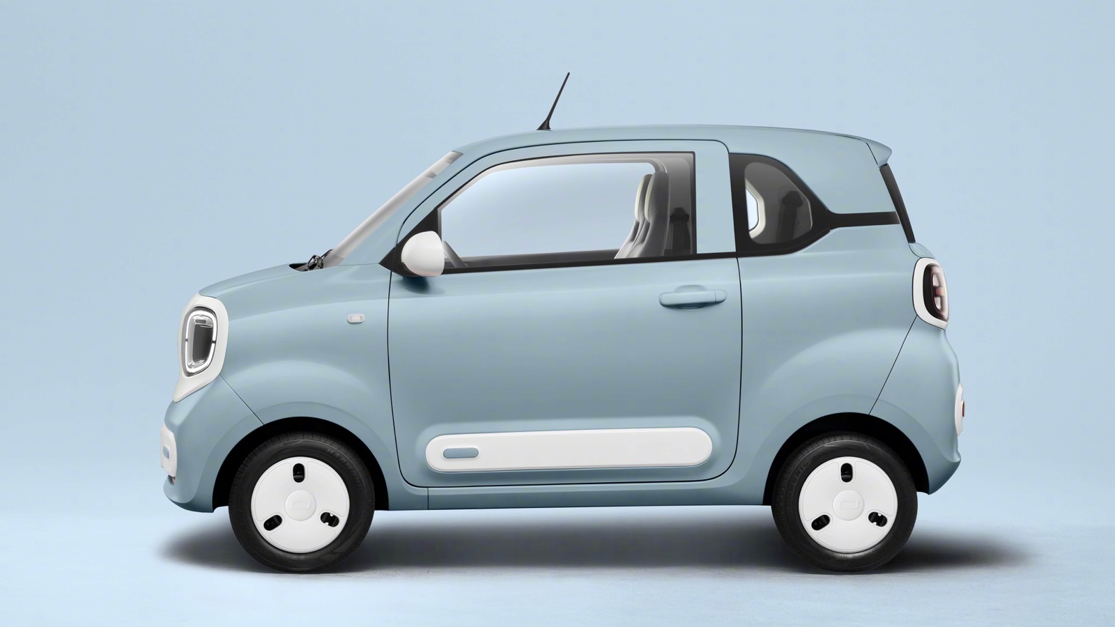 Light blue Bestune Pony micro electric car shown in side profile