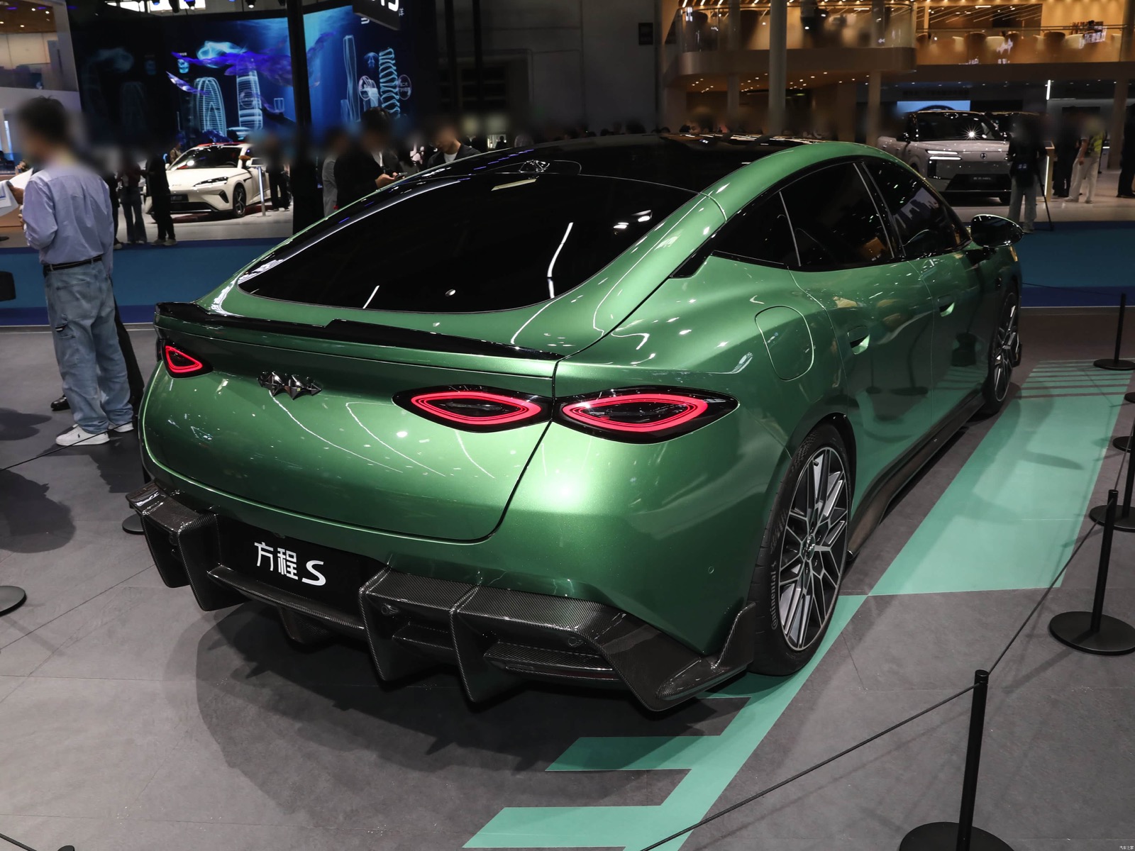Rear three-quarter view of the green Fangchengbao Formula S