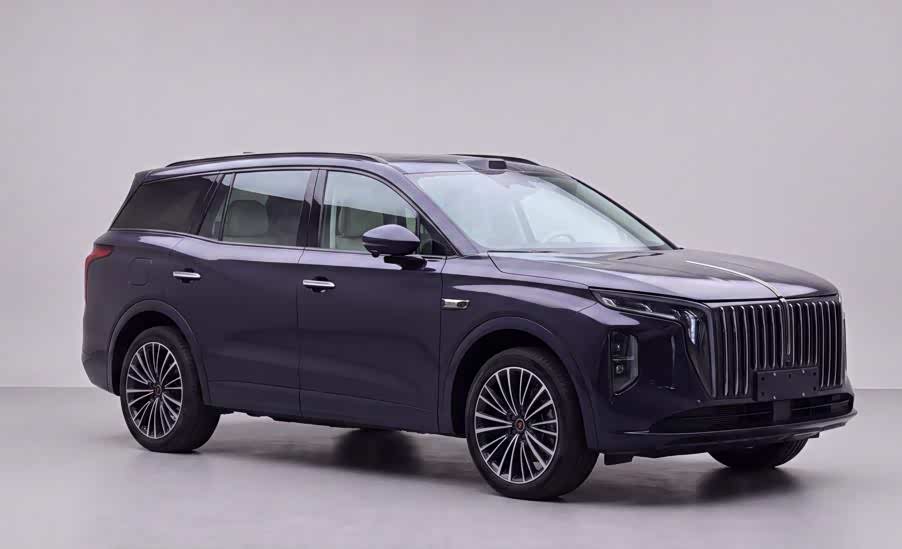 Purple updated Hongqi HS7 PHEV with a vertical-bar grille and roof-mounted lidar