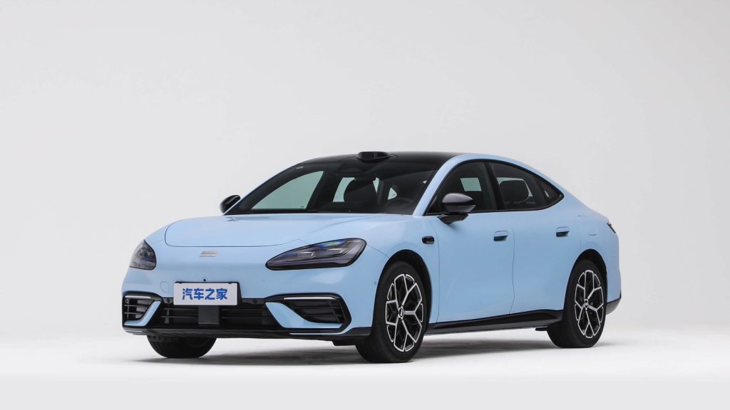 Blue Geely Galaxy TT exterior in a front three-quarter view