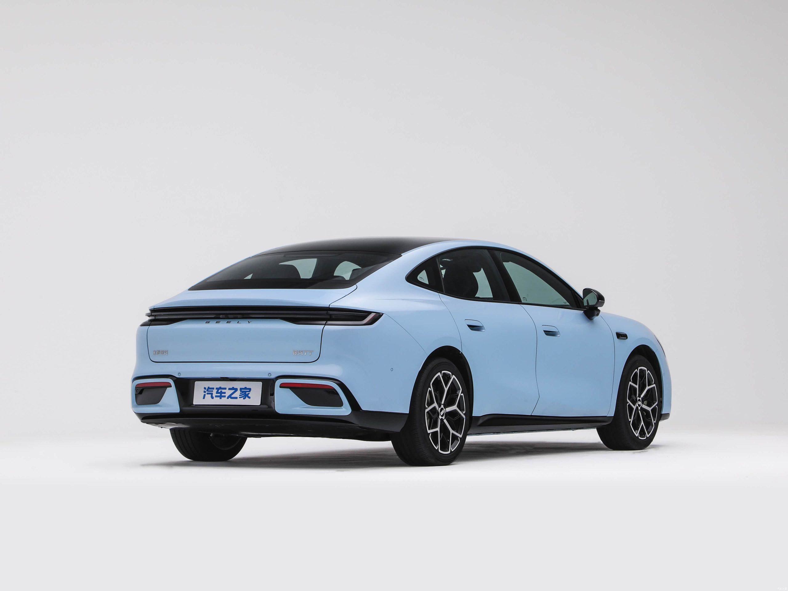 Blue Geely Galaxy TT electric sedan in a rear three-quarter view