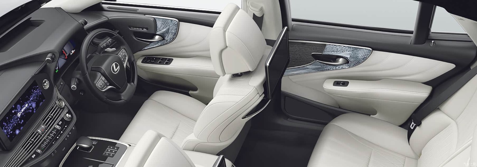 Updated Lexus LS cabin with semi-aniline leather seats and glass-cut trim