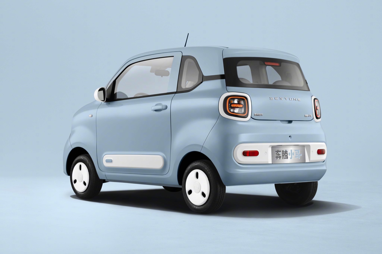 Light blue Bestune Pony micro electric car viewed from the rear