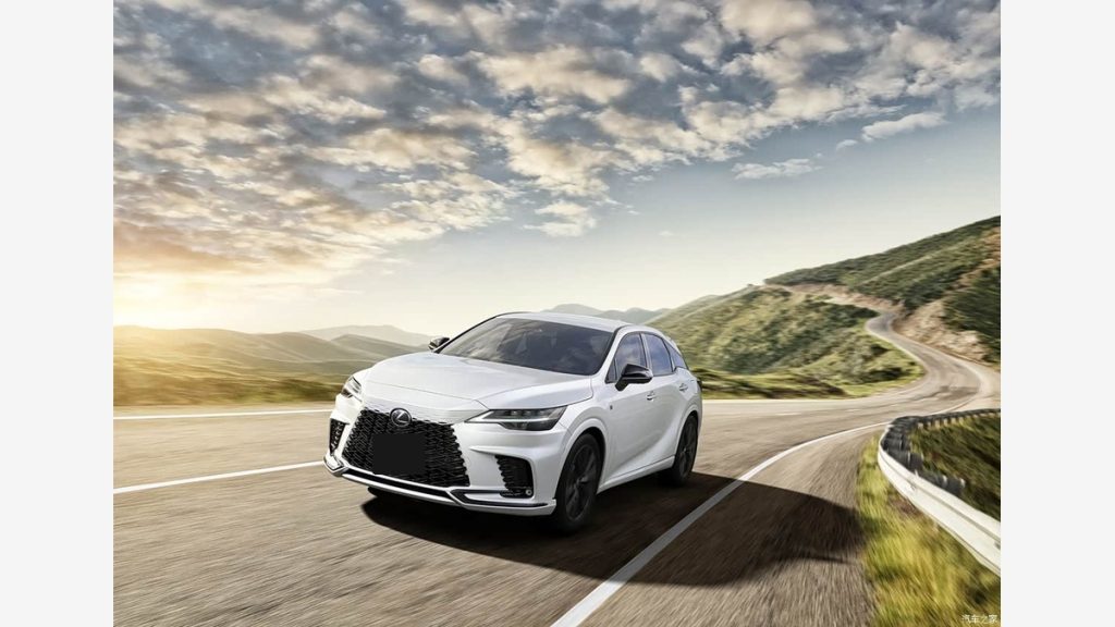 White 2027 Lexus RX driving on a mountain road